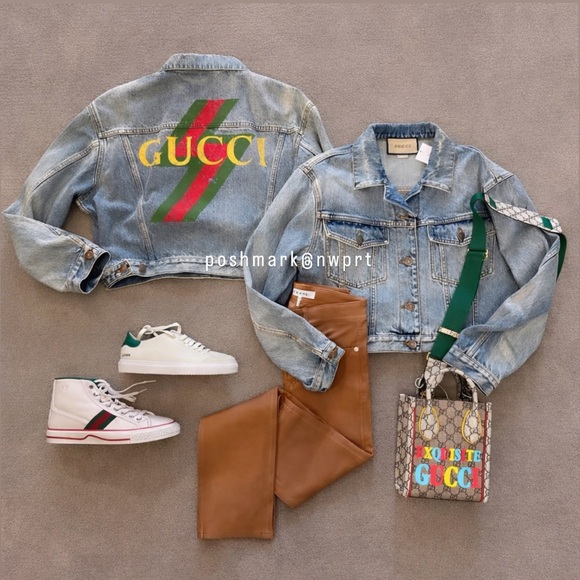 NWT ⚡️ GUCCI Denim Jacket Bolt Graphic Logo Cropped Blue Jean 38 XS S 0 2 4 - Picture 2 of 12